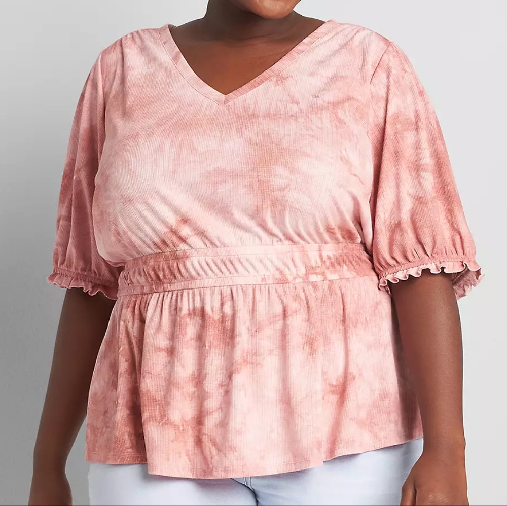 Lane Bryant Short Puff Sleeve Peplum Top Pink Tie Dye PLUS 22/24 EUC 1121297
